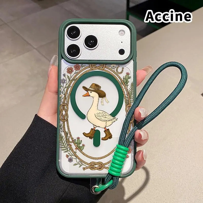 Magnetic Lanyard Phone Case for Iphone 17 Pro Max 16 plus 15 14 13 12 11 Air E Cowboy Goose Charm Pattern Acrylic Transparent All Coverage Support Wireless Charging Cell Phone Cover Gift