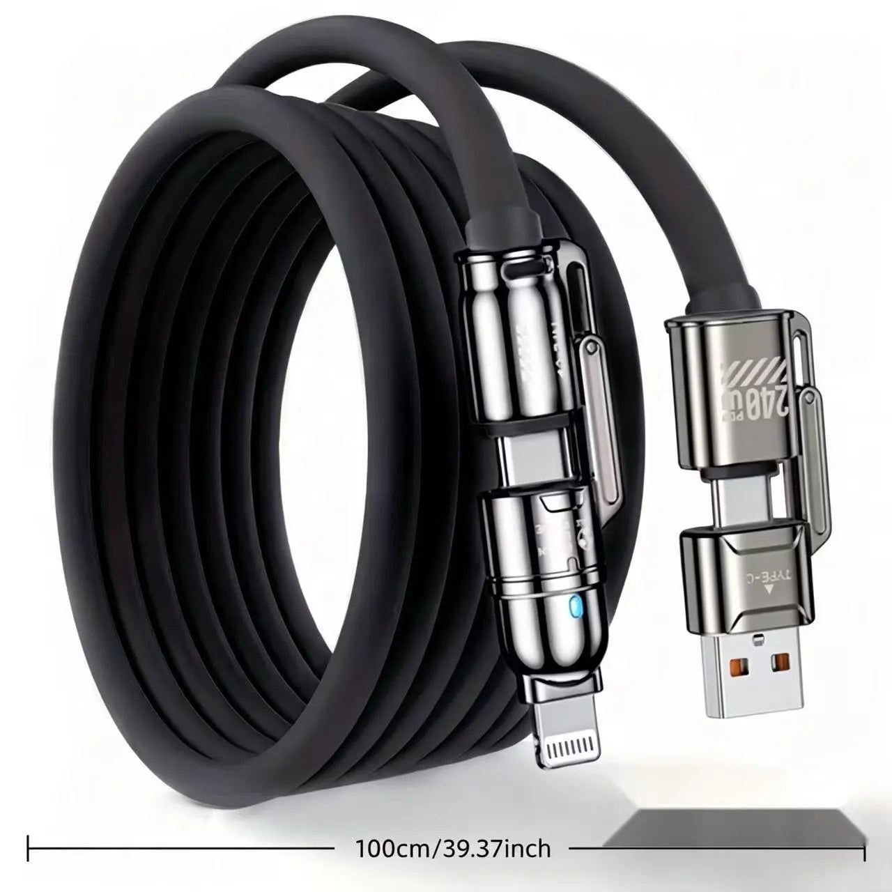 240W 4-in-1 Fast Charging Cable with USB-A, Type-C, and Lightning Interfaces, 480Mbps Data Transfer, Liquid Silicone and Zinc Alloy Connector, Compatible with 99% of Electronic Devices (iPhone, Android, Laptops)