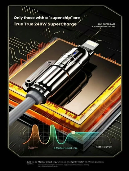 240W 4-in-1 Fast Charging Cable with USB-A, Type-C, and Lightning Interfaces, 480Mbps Data Transfer, Liquid Silicone and Zinc Alloy Connector, Compatible with 99% of Electronic Devices (iPhone, Android, Laptops)