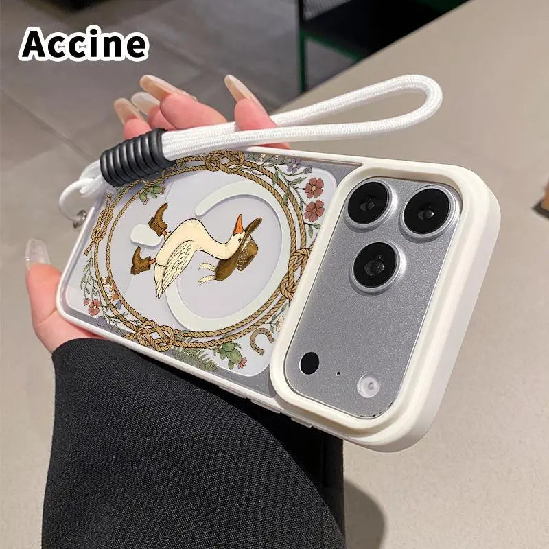 Magnetic Lanyard Phone Case for Iphone 17 Pro Max 16 plus 15 14 13 12 11 Air E Cowboy Goose Charm Pattern Acrylic Transparent All Coverage Support Wireless Charging Cell Phone Cover Gift