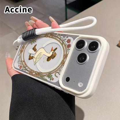 Magnetic Lanyard Phone Case for Iphone 17 Pro Max 16 plus 15 14 13 12 11 Air E Cowboy Goose Charm Pattern Acrylic Transparent All Coverage Support Wireless Charging Cell Phone Cover Gift