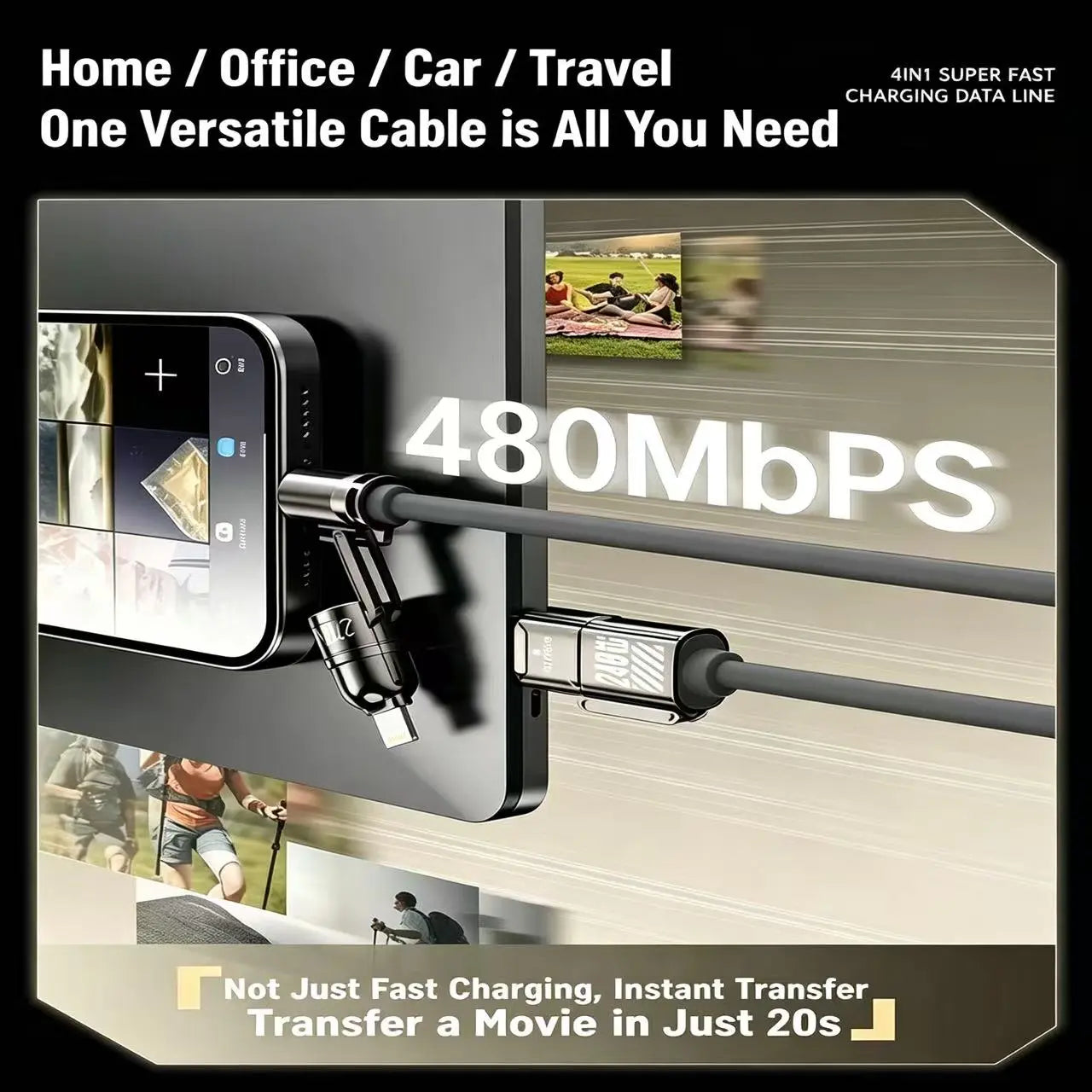 240W 4-in-1 Fast Charging Cable with USB-A, Type-C, and Lightning Interfaces, 480Mbps Data Transfer, Liquid Silicone and Zinc Alloy Connector, Compatible with 99% of Electronic Devices (iPhone, Android, Laptops)