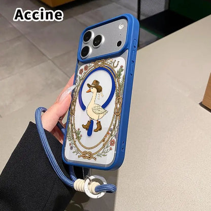 Magnetic Lanyard Phone Case for Iphone 17 Pro Max 16 plus 15 14 13 12 11 Air E Cowboy Goose Charm Pattern Acrylic Transparent All Coverage Support Wireless Charging Cell Phone Cover Gift