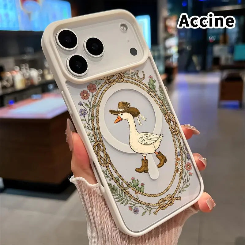 Magnetic Lanyard Phone Case for Iphone 17 Pro Max 16 plus 15 14 13 12 11 Air E Cowboy Goose Charm Pattern Acrylic Transparent All Coverage Support Wireless Charging Cell Phone Cover Gift