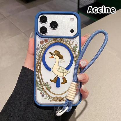 Magnetic Lanyard Phone Case for Iphone 17 Pro Max 16 plus 15 14 13 12 11 Air E Cowboy Goose Charm Pattern Acrylic Transparent All Coverage Support Wireless Charging Cell Phone Cover Gift