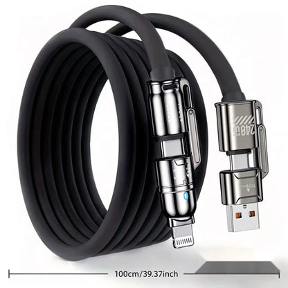 240W 4-in-1 Fast Charging Cable with USB-A, Type-C, and Lightning Interfaces, 480Mbps Data Transfer, Liquid Silicone and Zinc Alloy Connector, Compatible with 99% of Electronic Devices (iPhone, Android, Laptops)