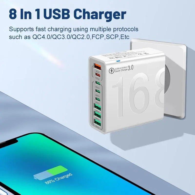 【Fathersdaygift】4 USB-C & 4 USB-A Fast Charging USB Hub Portablesmart 8Port Charger for Multiple Devices Smartcharger for Phones, Tablets & More
