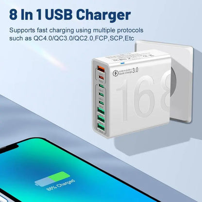 【Fathersdaygift】4 USB-C & 4 USB-A Fast Charging USB Hub Portablesmart 8Port Charger for Multiple Devices Smartcharger for Phones, Tablets & More