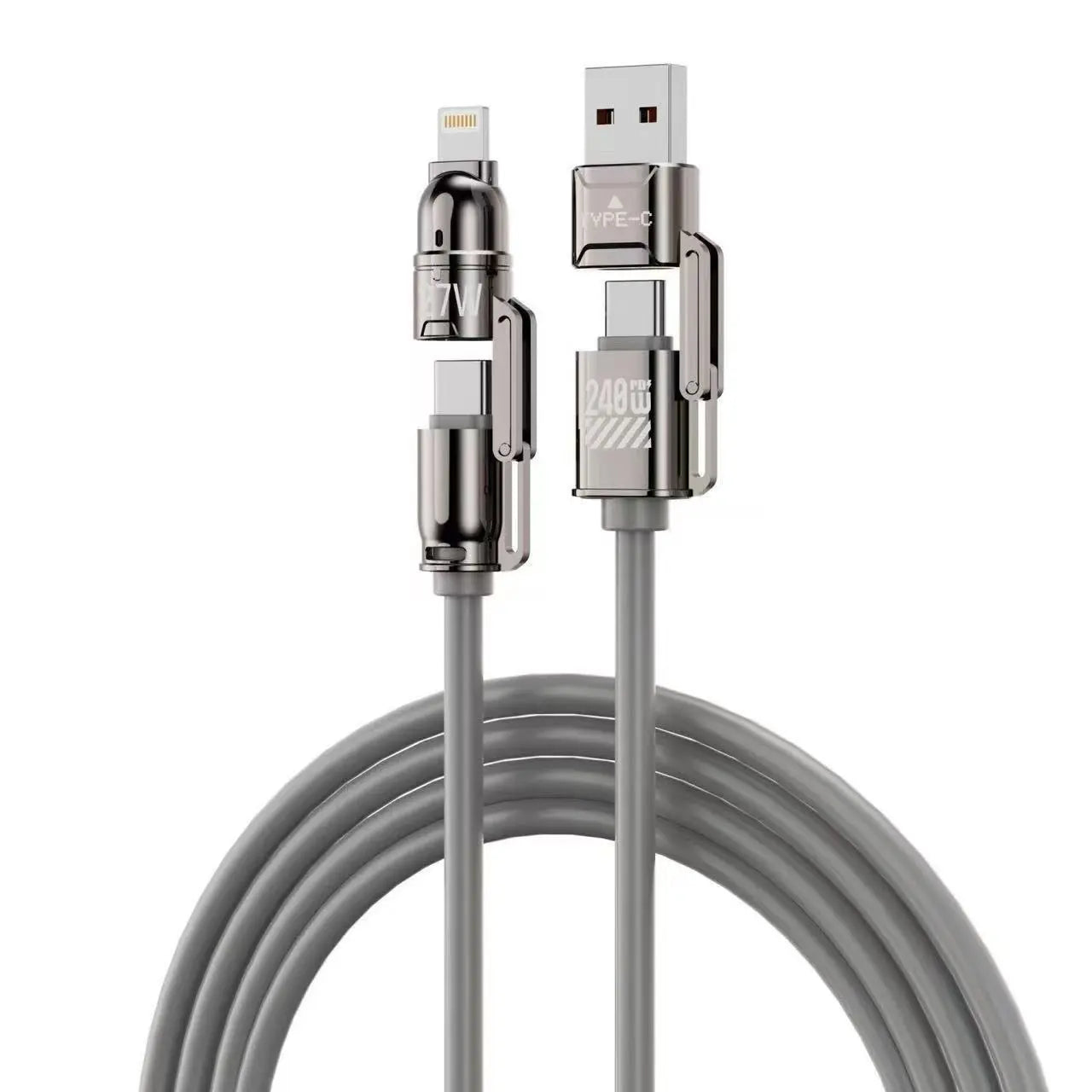 240W 4-in-1 Fast Charging Cable with USB-A, Type-C, and Lightning Interfaces, 480Mbps Data Transfer, Liquid Silicone and Zinc Alloy Connector, Compatible with 99% of Electronic Devices (iPhone, Android, Laptops)