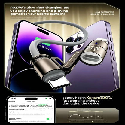 240W 4-in-1 Fast Charging Cable with USB-A, Type-C, and Lightning Interfaces, 480Mbps Data Transfer, Liquid Silicone and Zinc Alloy Connector, Compatible with 99% of Electronic Devices (iPhone, Android, Laptops)