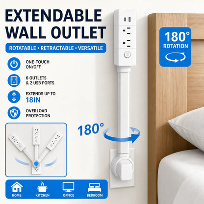 Eazy Electrical Outlet Extender - Fire Hazard Prevention, Surge Protection, 3-in-1 Telescopic Rotating Design with Independent Power Switch and 180° Swivel Wall Tap Featuring USB Ports