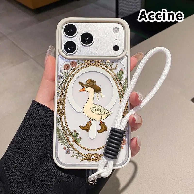 Magnetic Lanyard Phone Case for Iphone 17 Pro Max 16 plus 15 14 13 12 11 Air E Cowboy Goose Charm Pattern Acrylic Transparent All Coverage Support Wireless Charging Cell Phone Cover Gift