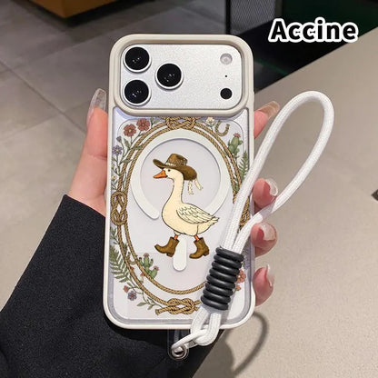 Magnetic Lanyard Phone Case for Iphone 17 Pro Max 16 plus 15 14 13 12 11 Air E Cowboy Goose Charm Pattern Acrylic Transparent All Coverage Support Wireless Charging Cell Phone Cover Gift