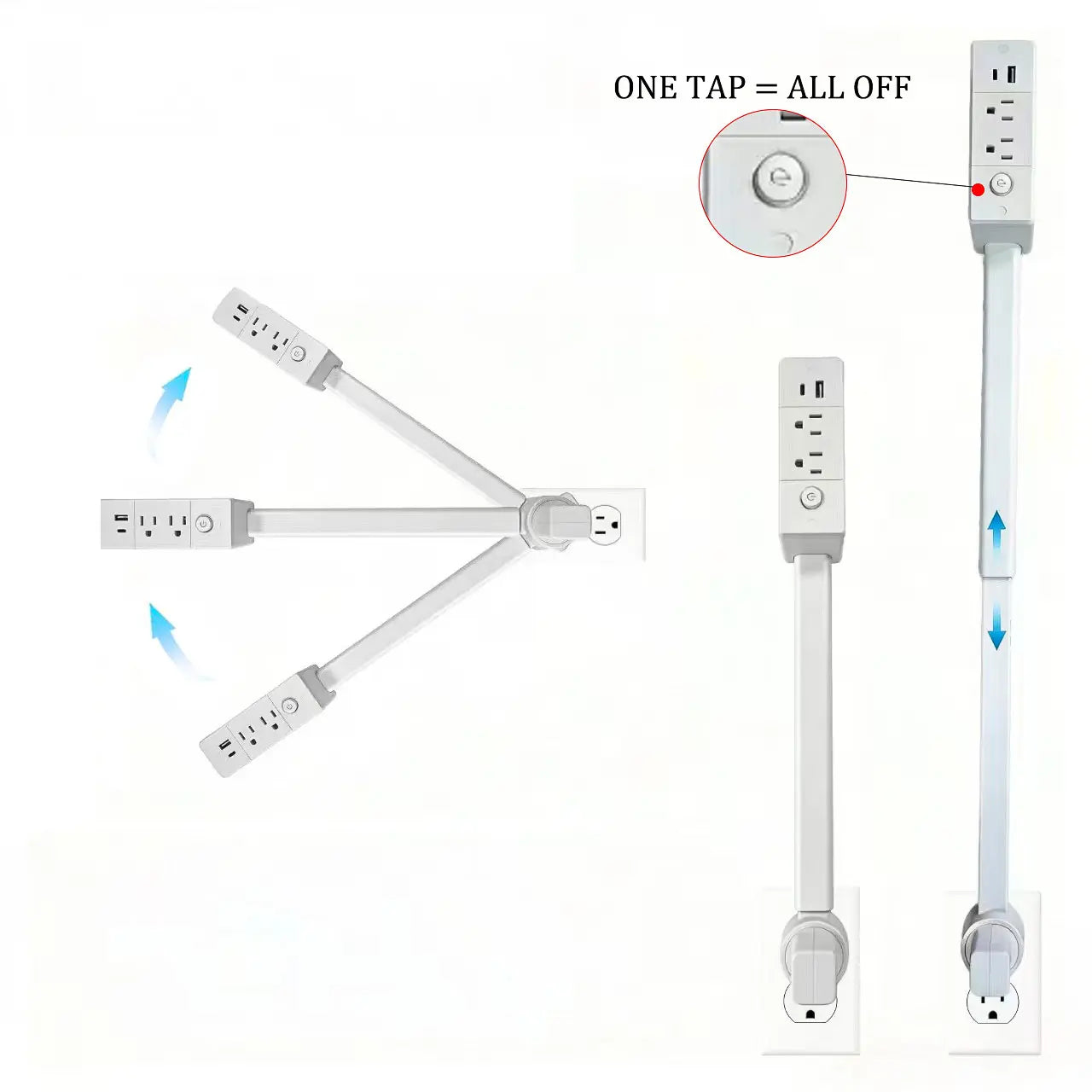 Eazy Electrical Outlet Extender - Fire Hazard Prevention, Surge Protection, 3-in-1 Telescopic Rotating Design with Independent Power Switch and 180° Swivel Wall Tap Featuring USB Ports