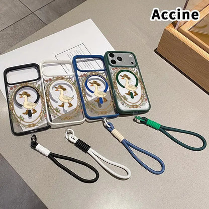 Magnetic Lanyard Phone Case for Iphone 17 Pro Max 16 plus 15 14 13 12 11 Air E Cowboy Goose Charm Pattern Acrylic Transparent All Coverage Support Wireless Charging Cell Phone Cover Gift
