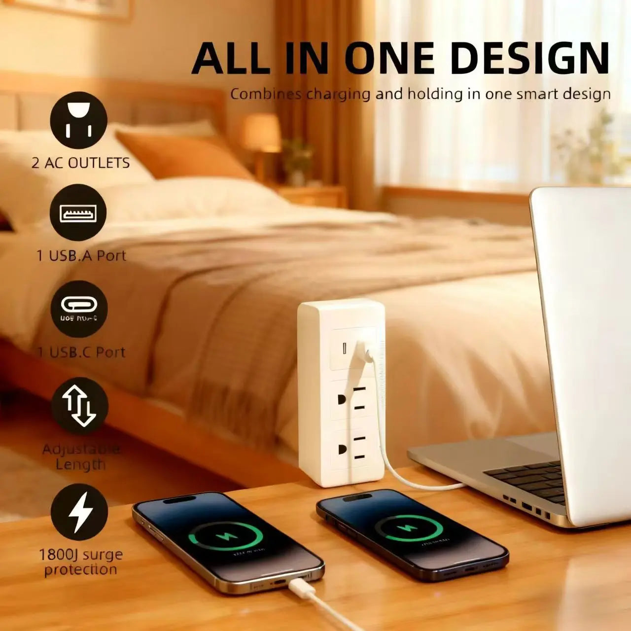 Eazy Electrical Outlet Extender - Fire Hazard Prevention, Surge Protection, 3-in-1 Telescopic Rotating Design with Independent Power Switch and 180° Swivel Wall Tap Featuring USB Ports