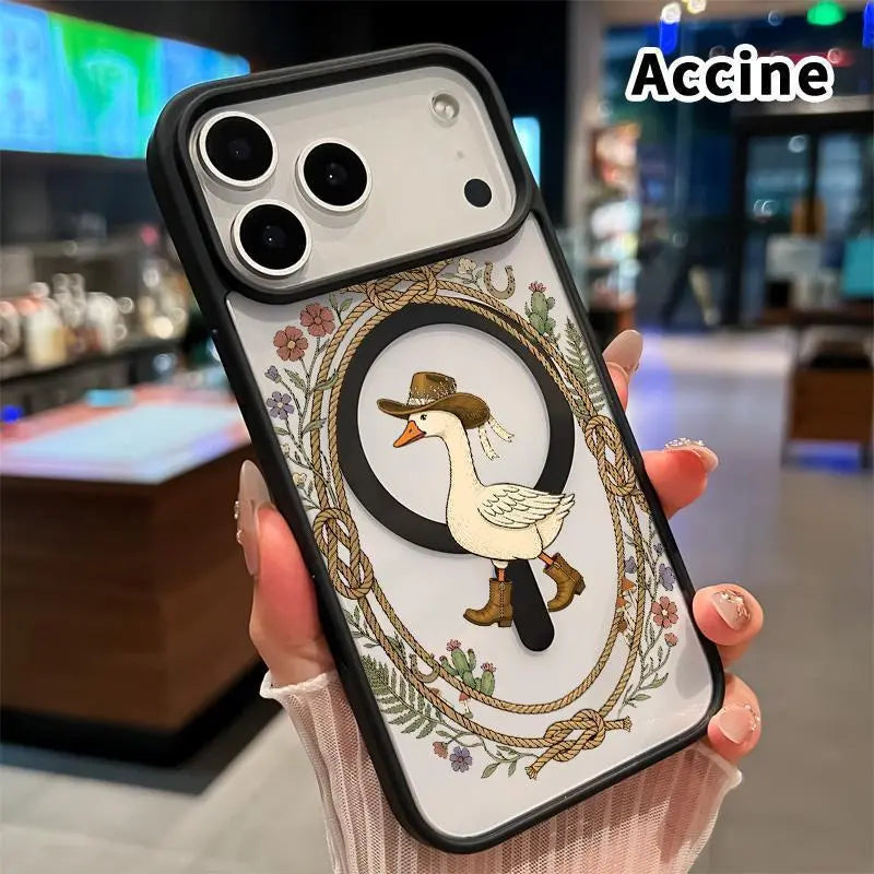 Magnetic Lanyard Phone Case for Iphone 17 Pro Max 16 plus 15 14 13 12 11 Air E Cowboy Goose Charm Pattern Acrylic Transparent All Coverage Support Wireless Charging Cell Phone Cover Gift
