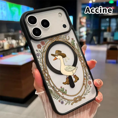 Magnetic Lanyard Phone Case for Iphone 17 Pro Max 16 plus 15 14 13 12 11 Air E Cowboy Goose Charm Pattern Acrylic Transparent All Coverage Support Wireless Charging Cell Phone Cover Gift