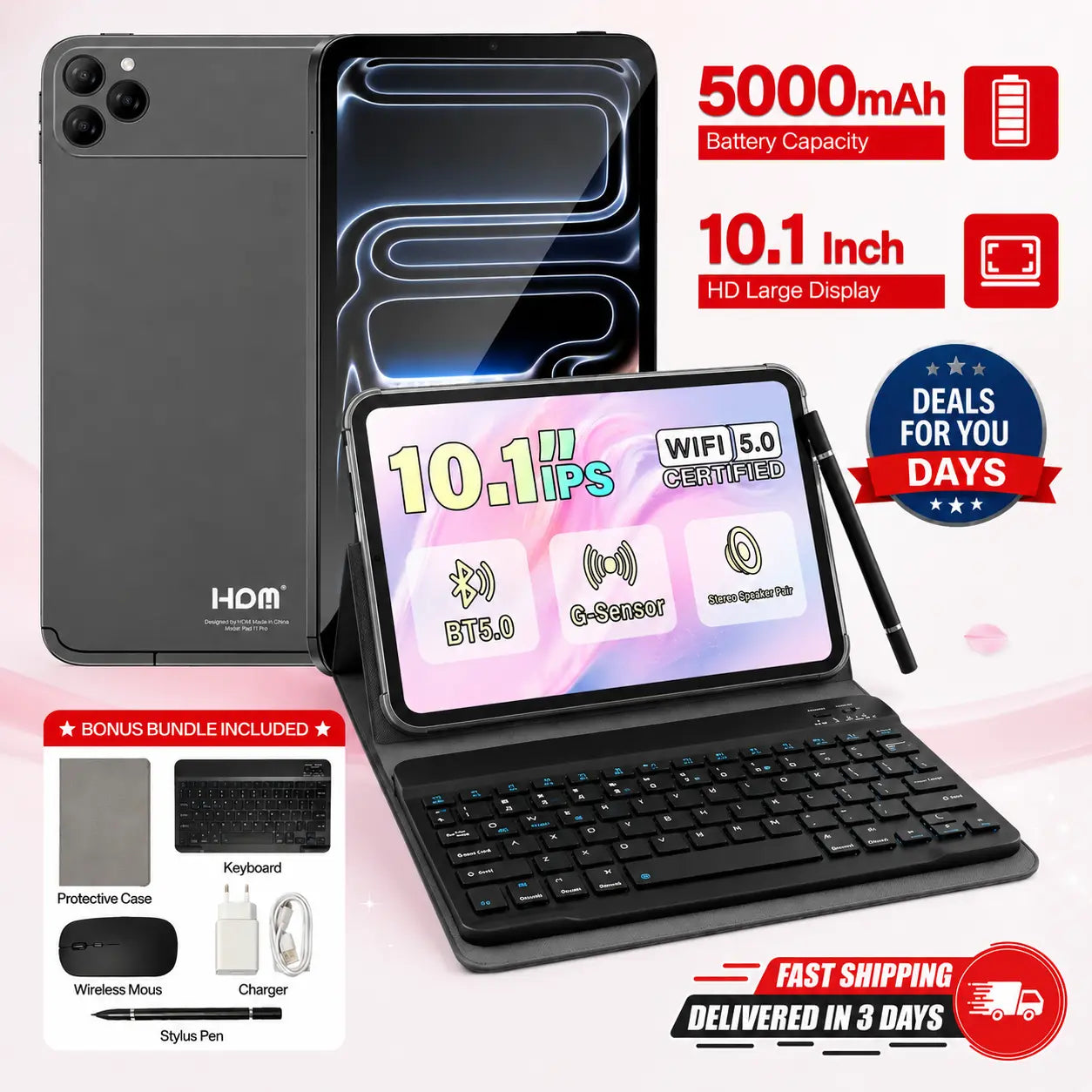 2026 Tech Essential 7-In-1 Android Tablet Bundle, 10.1” Touch Display, 8 + 256, Keyboard Mouse Stylus Bundle for Work, Streaming & Everyday Use