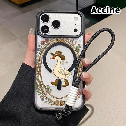 Magnetic Lanyard Phone Case for Iphone 17 Pro Max 16 plus 15 14 13 12 11 Air E Cowboy Goose Charm Pattern Acrylic Transparent All Coverage Support Wireless Charging Cell Phone Cover Gift