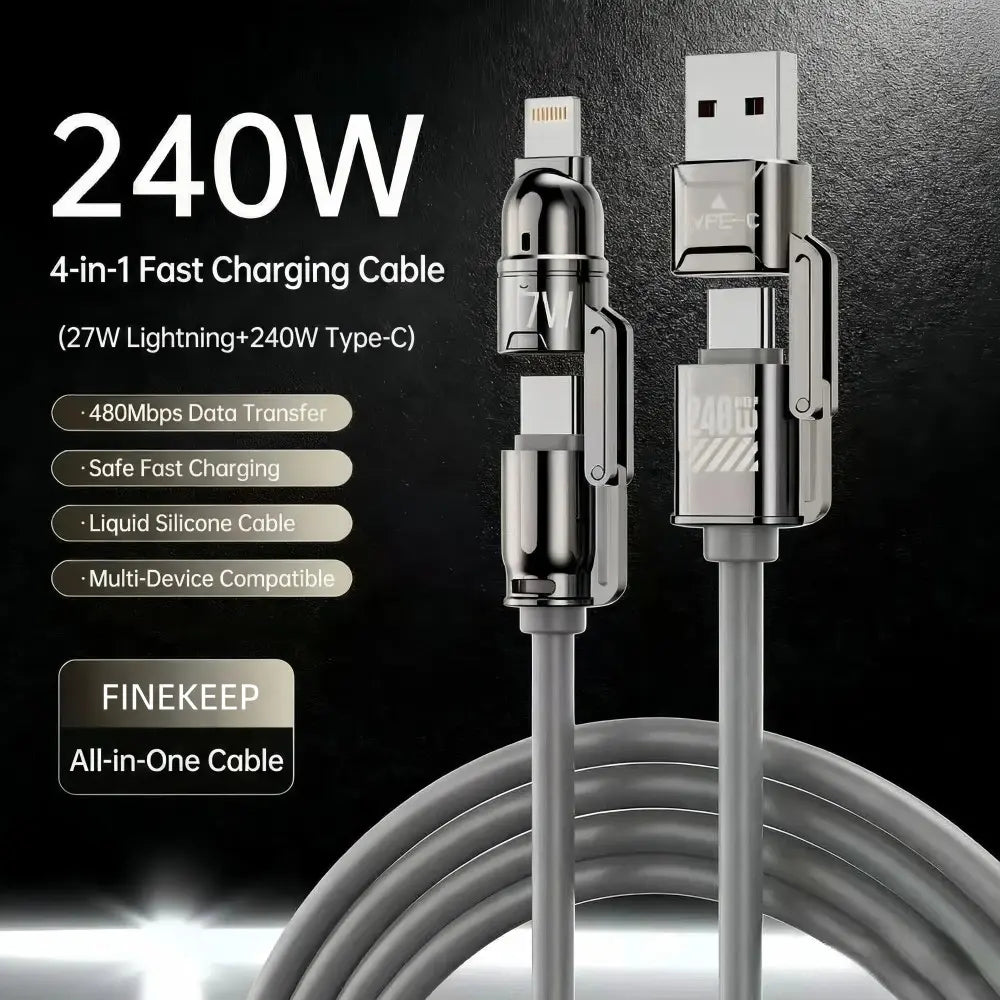 240W 4-in-1 Fast Charging Cable with USB-A, Type-C, and Lightning Interfaces, 480Mbps Data Transfer, Liquid Silicone and Zinc Alloy Connector, Compatible with 99% of Electronic Devices (iPhone, Android, Laptops)
