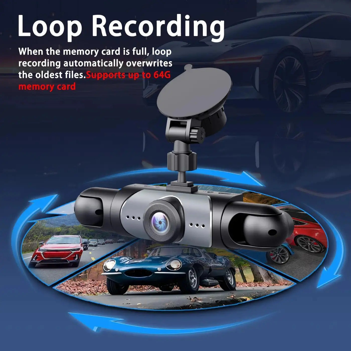 4 Channel Car Dash Cam,1080P Car DVR with 64GB Memory Card,Plug and Play Need Charge Car Video Surveillance with Night Vision 24/7Parking Mode Car DVR Hd Screen Front Rear Left and Right Dashcam Camera Wifi 3-Lens Dash Cam with Night Vision