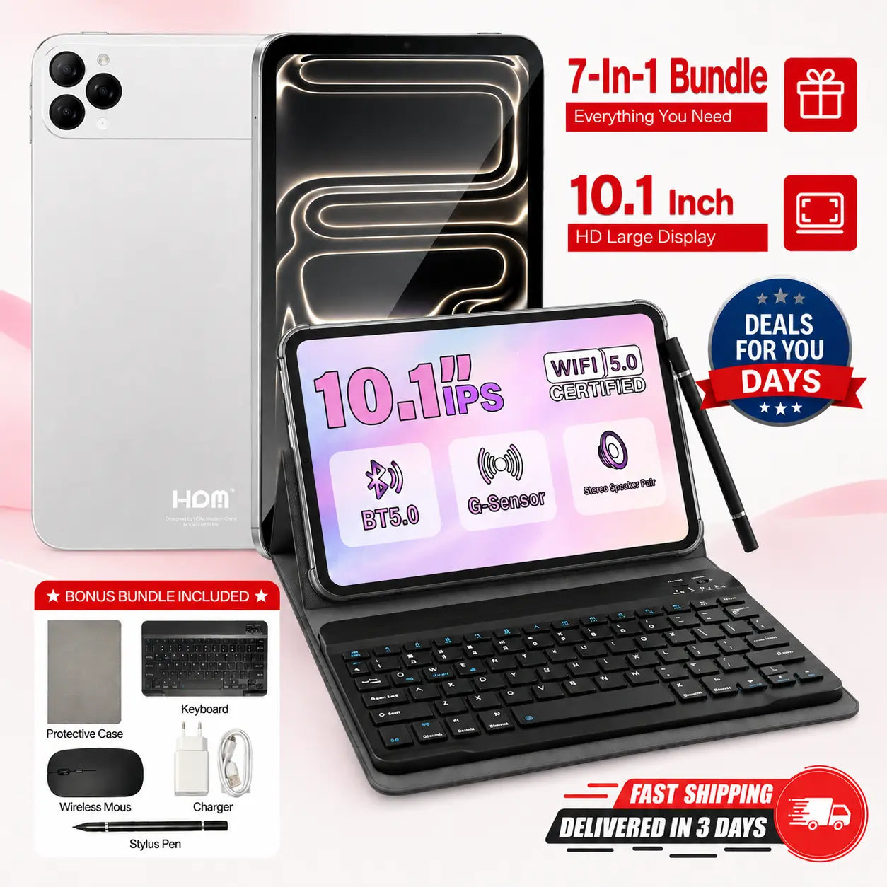 2026 Tech Essential 7-In-1 Android Tablet Bundle, 10.1” Touch Display, 8 + 256, Keyboard Mouse Stylus Bundle for Work, Streaming & Everyday Use