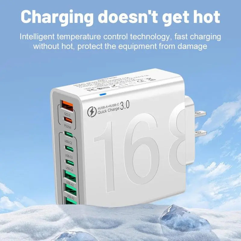 【Fathersdaygift】4 USB-C & 4 USB-A Fast Charging USB Hub Portablesmart 8Port Charger for Multiple Devices Smartcharger for Phones, Tablets & More