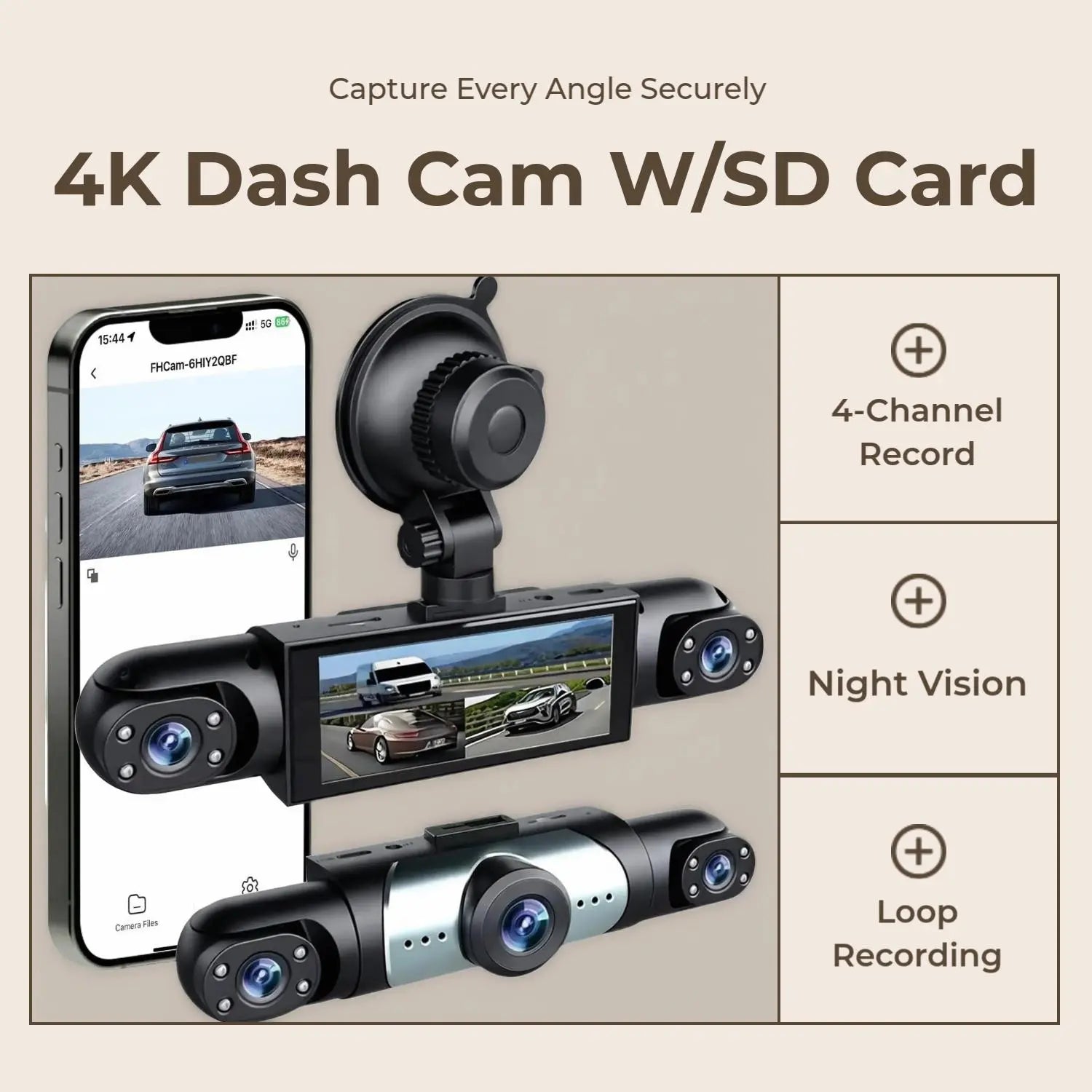 4 Channel Car Dash Cam,1080P Car DVR with 64GB Memory Card,Plug and Play Need Charge Car Video Surveillance with Night Vision 24/7Parking Mode Car DVR Hd Screen Front Rear Left and Right Dashcam Camera Wifi 3-Lens Dash Cam with Night Vision